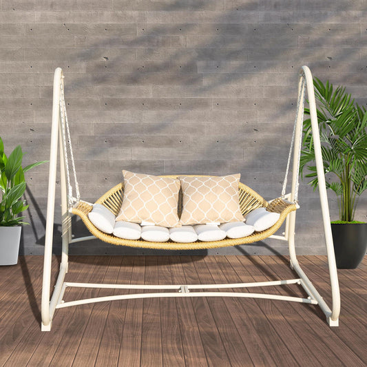 2-Seat Hanging Swing Chair with Thickened Cushions and Pillow, Rattan Porch Swing Chair Outdoor Hammock Chair for Porch, Backyard, Garden