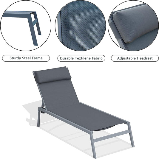 3 Pieces Aluminum Textilene Chaise Lounge Set with Side Table Outdoor,Adjustable Back