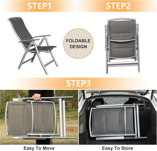 Patio Folding Chairs Set of 2, Aluminium Frame Outdoor Reclining Patio Chairs,Adjustable High Back Lawn Chairs