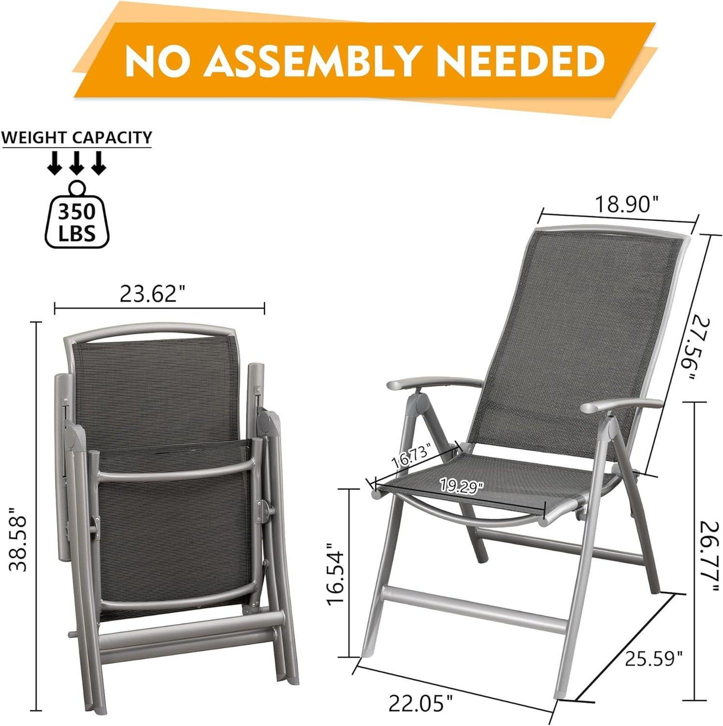 Patio Folding Chairs Set of 2, Aluminium Frame Outdoor Reclining Patio Chairs,Adjustable High Back Lawn Chairs