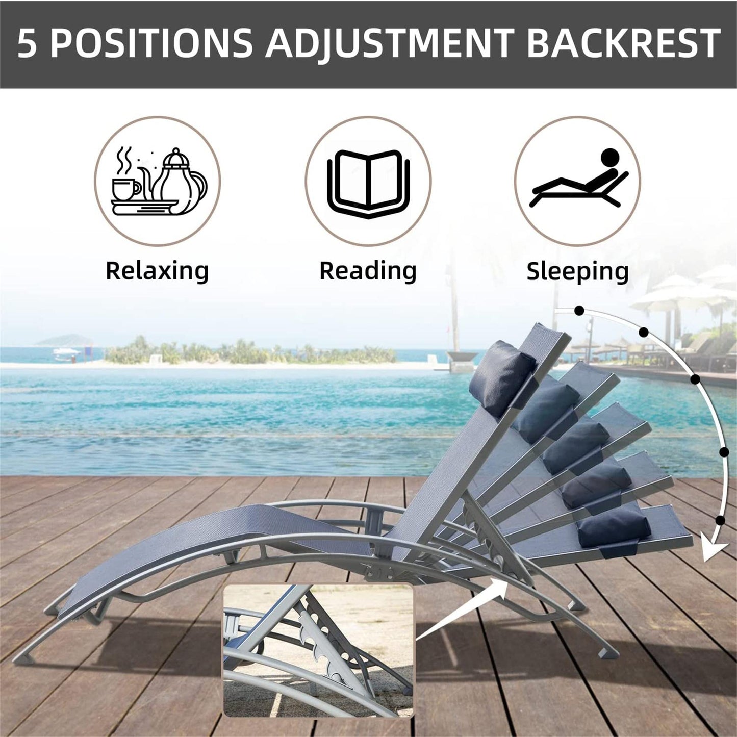 Patio Recliner Chairs with Adjustable Backrest and Removable Pillow for Indoor&Outdoor Beach Pool Sunbathing Lawn