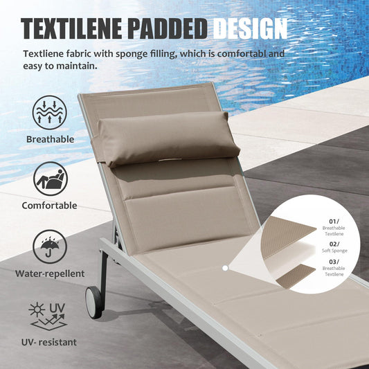 Aluminum Pool Lounge Chairs with Side Table and Wheels, Textilene Padded Adjustable Recliner All Weather for Poolside, Beach, Yard, Balcony