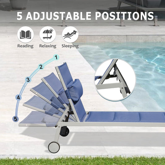 Aluminum Pool Lounge Chairs with Side Table and Wheels, Textilene Padded Adjustable Recliner All Weather for Poolside, Beach, Yard, Balcony