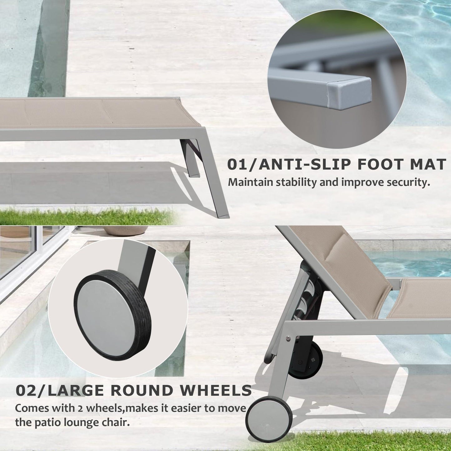 Aluminum Pool Lounge Chairs with Side Table and Wheels, Textilene Padded Adjustable Recliner All Weather for Poolside, Beach, Yard, Balcony