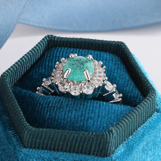 925 Silver Plated Paraiba Sapphire Oval Ring | Full Diamond Couple Band for Women