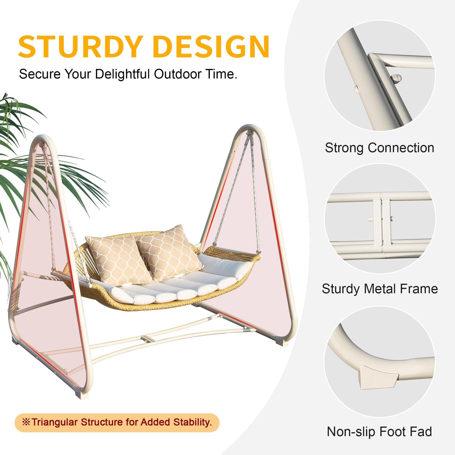 2-Seat Hanging Swing Chair with Thickened Cushions and Pillow, Rattan Porch Swing Chair Outdoor Hammock Chair for Porch, Backyard, Garden