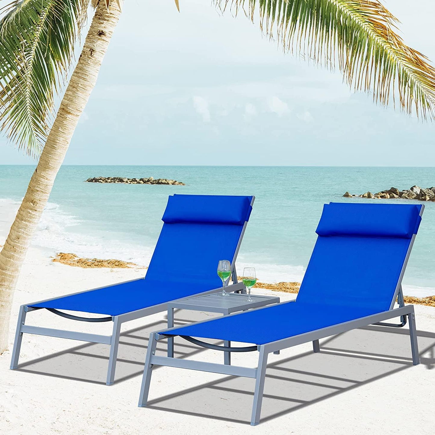 3 Pieces Aluminum Textilene Chaise Lounge Set with Side Table Outdoor,Adjustable Back
