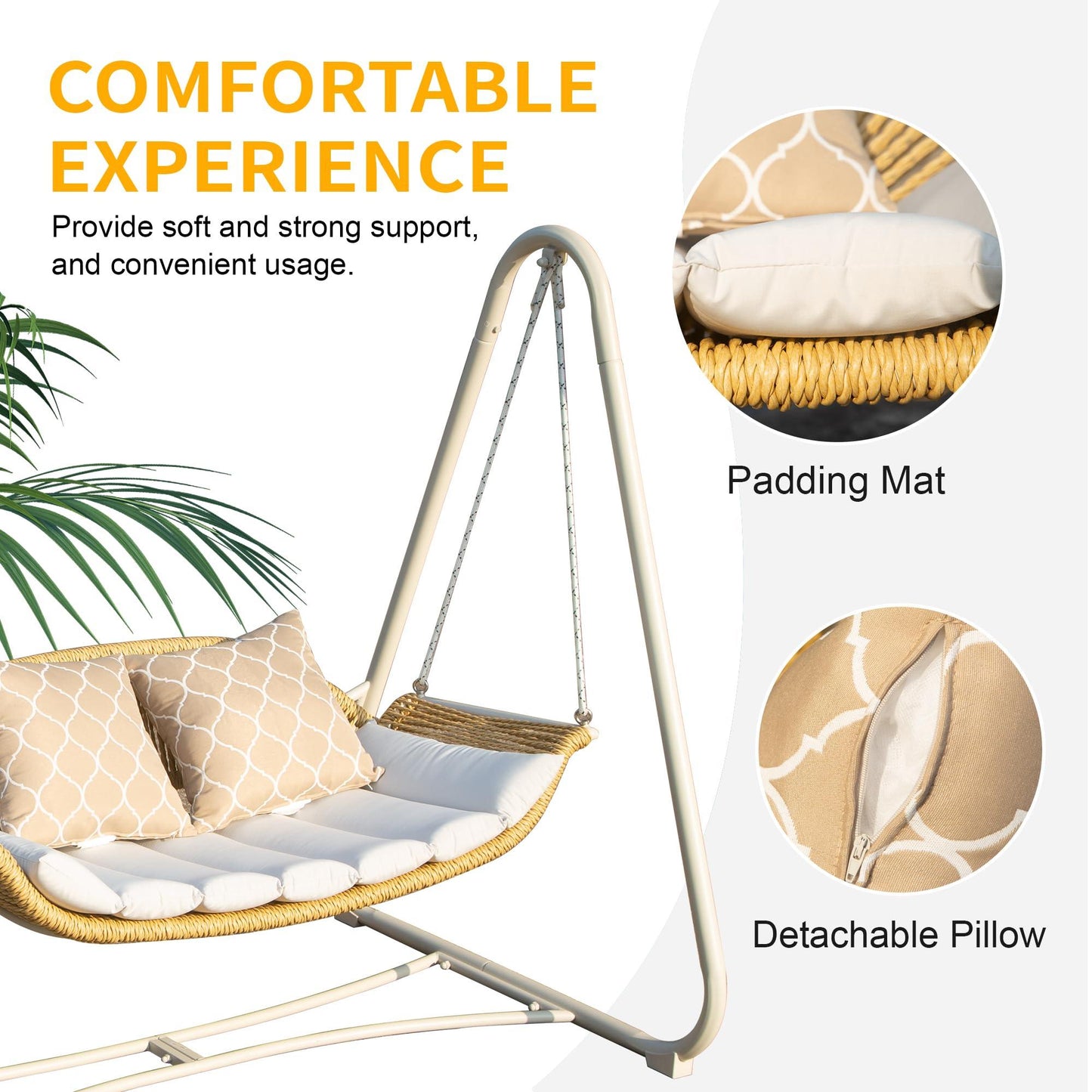 2-Seat Hanging Swing Chair with Thickened Cushions and Pillow, Rattan Porch Swing Chair Outdoor Hammock Chair for Porch, Backyard, Garden