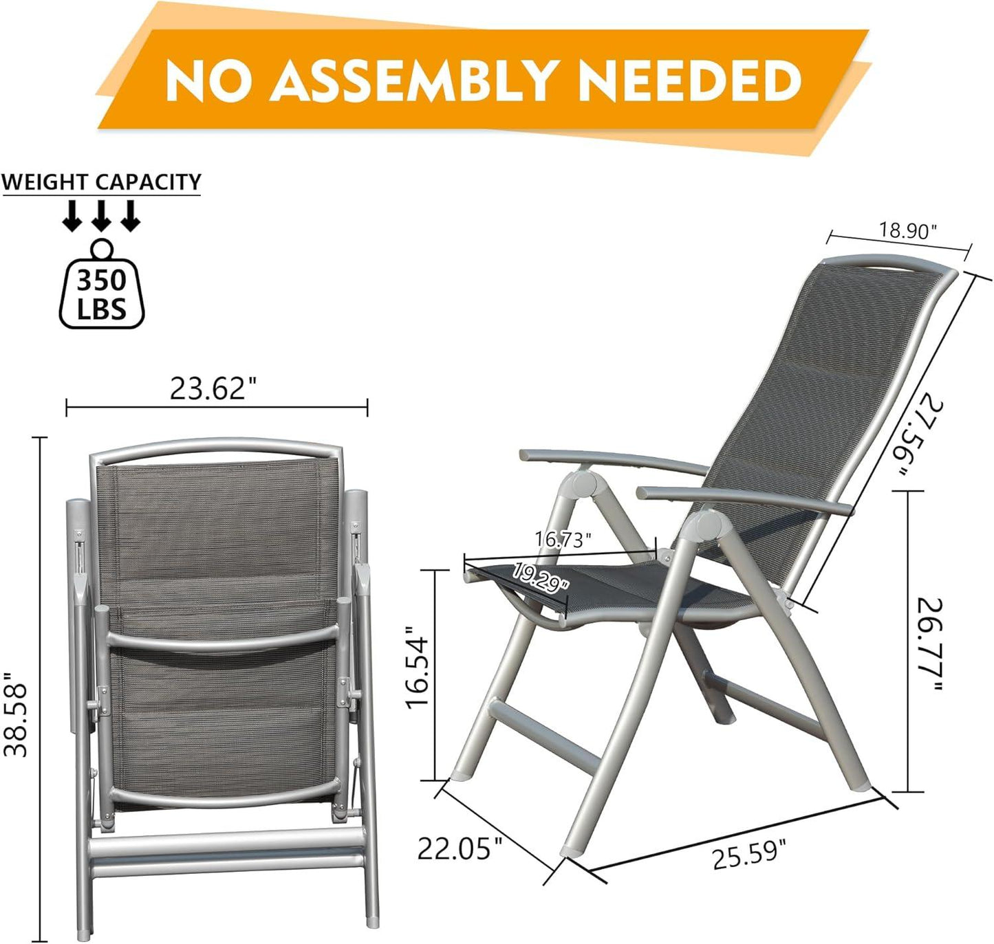 Patio Folding Chairs Set of 2, Aluminium Frame Outdoor Reclining Patio Chairs,Adjustable High Back Lawn Chairs