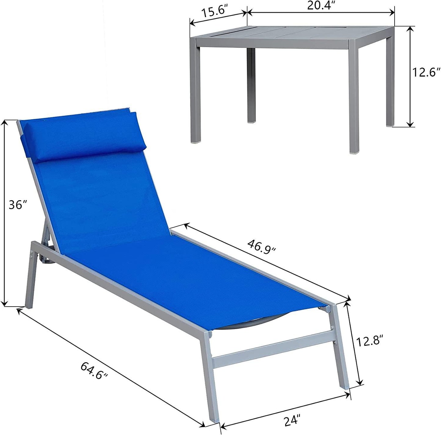 3 Pieces Aluminum Textilene Chaise Lounge Set with Side Table Outdoor,Adjustable Back