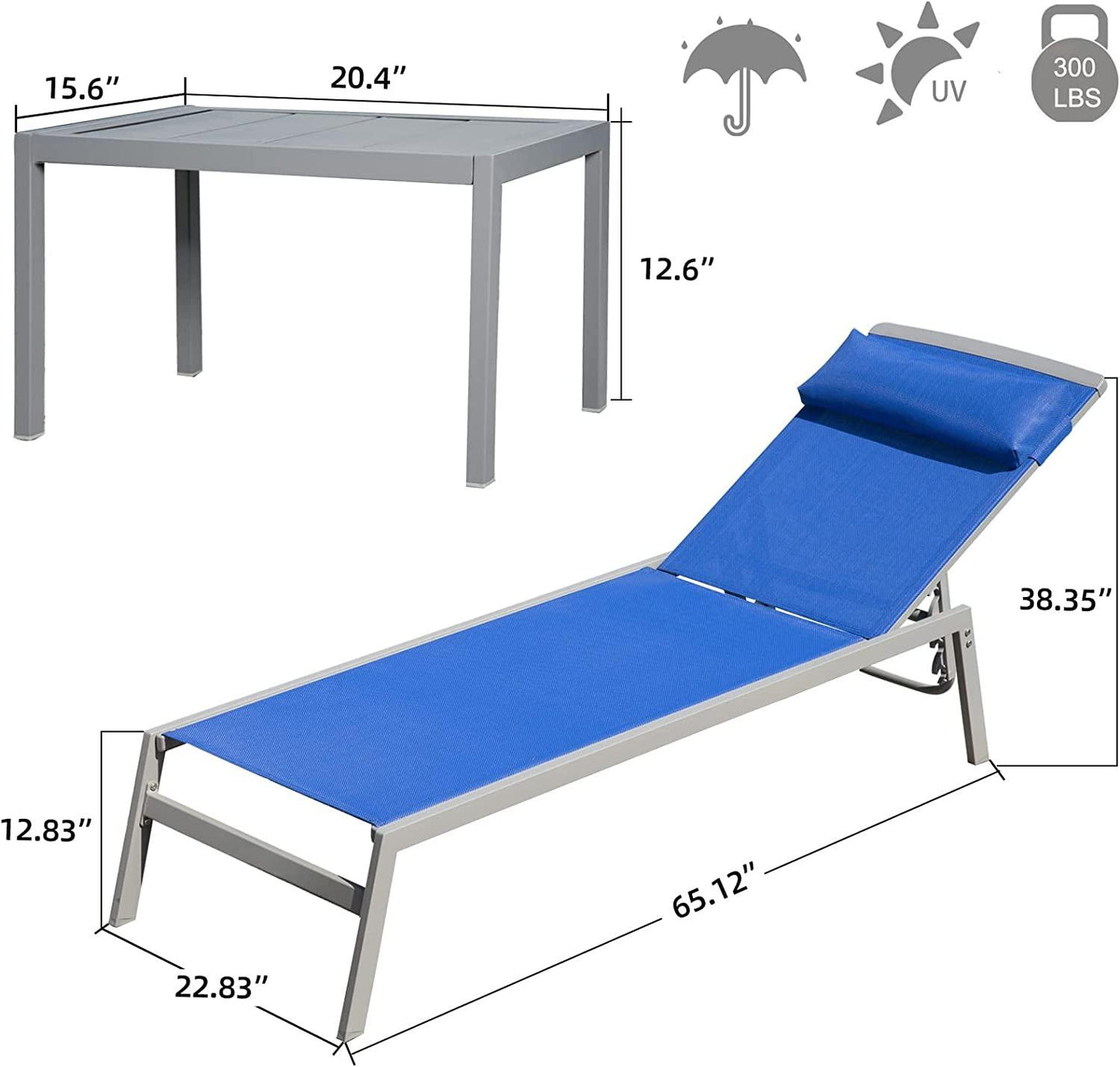 3 Pieces Aluminum Textilene Chaise Lounge Set with Side Table Outdoor,Adjustable Back