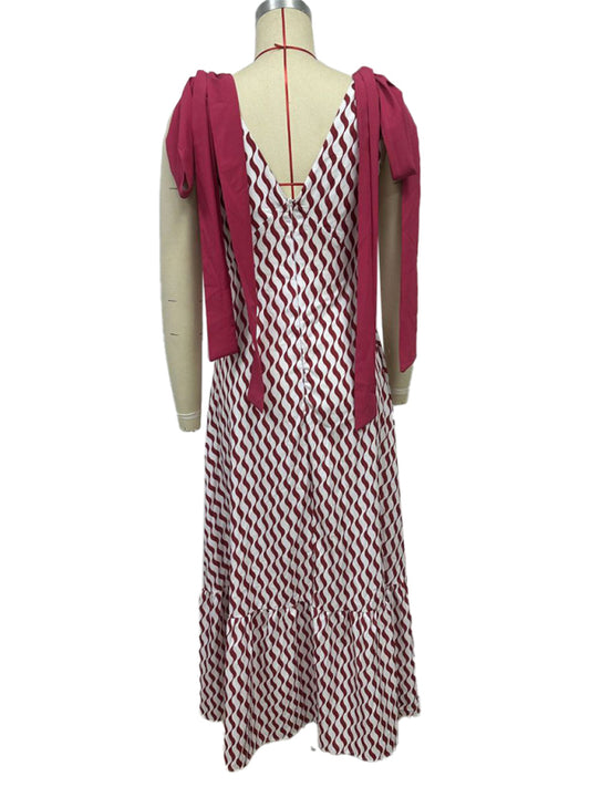 Lace-up women's long dress V-neck sleeveless printed dress