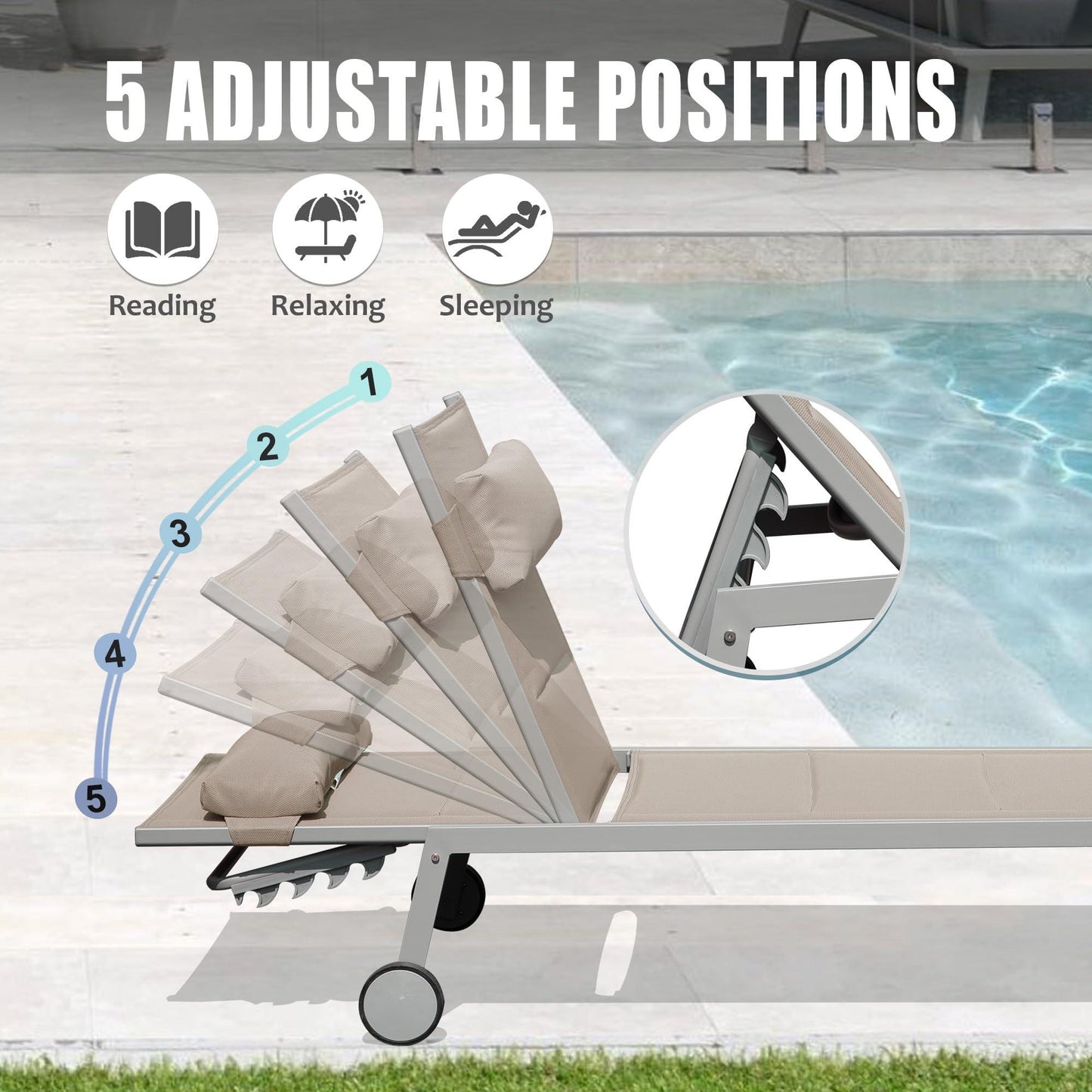 Aluminum Pool Lounge Chairs with Side Table and Wheels, Textilene Padded Adjustable Recliner All Weather for Poolside, Beach, Yard, Balcony