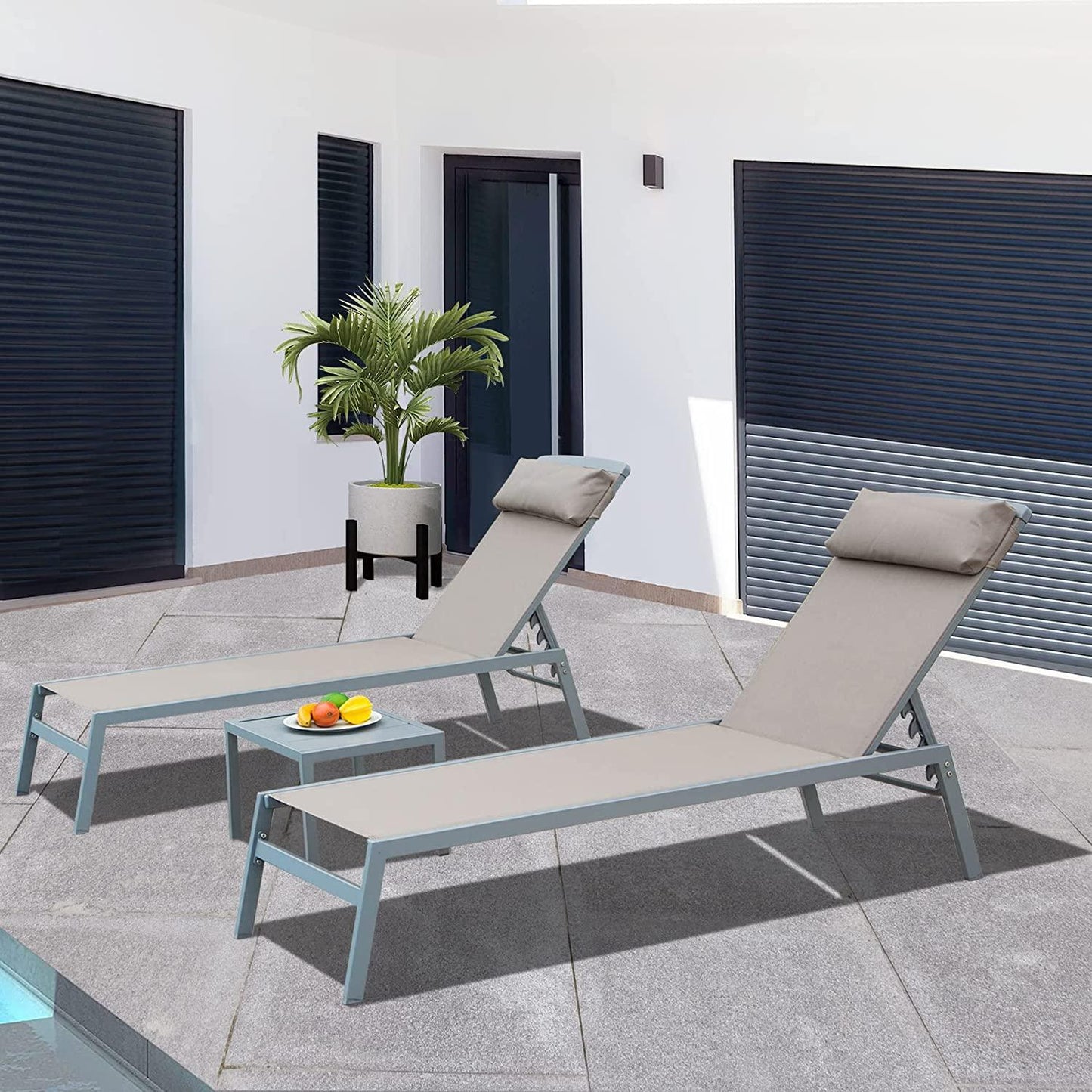 3 Pieces Aluminum Textilene Chaise Lounge Set with Side Table Outdoor,Adjustable Back