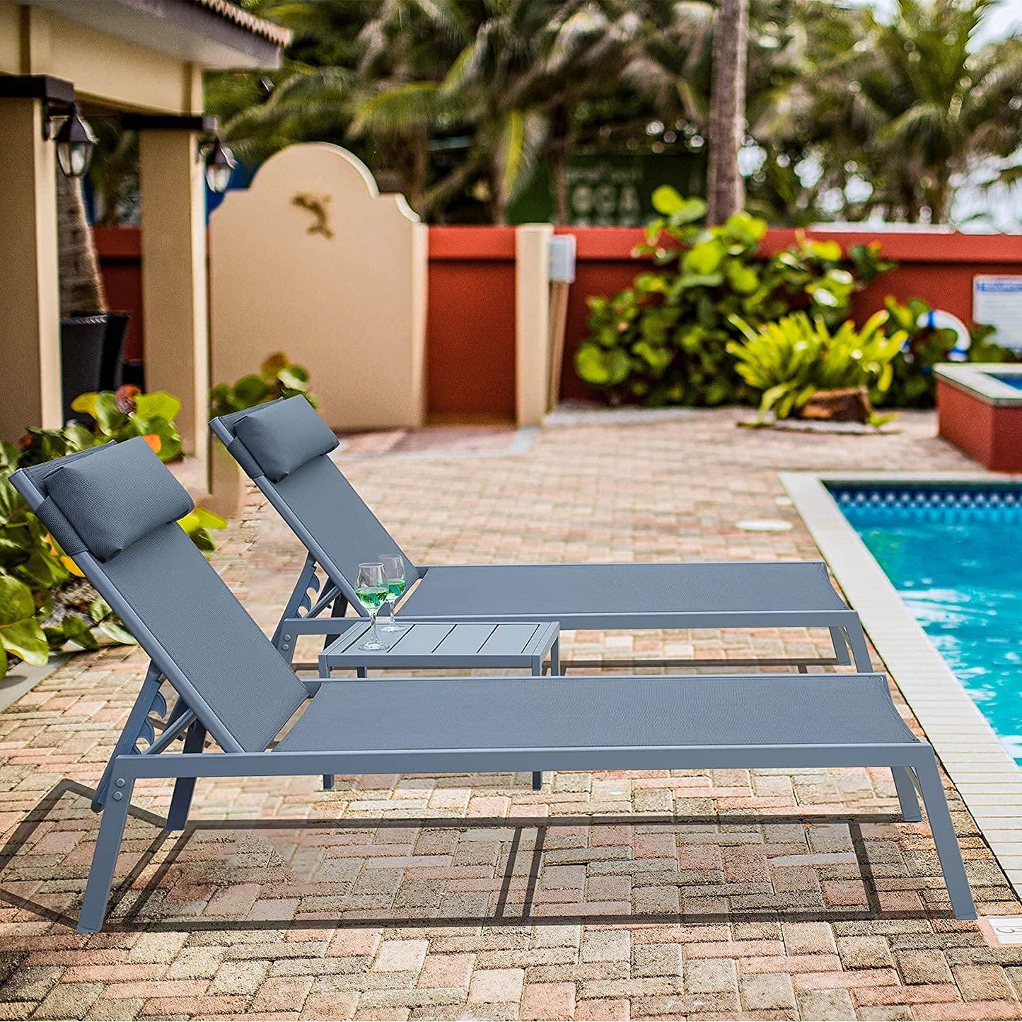 3 Pieces Aluminum Textilene Chaise Lounge Set with Side Table Outdoor,Adjustable Back