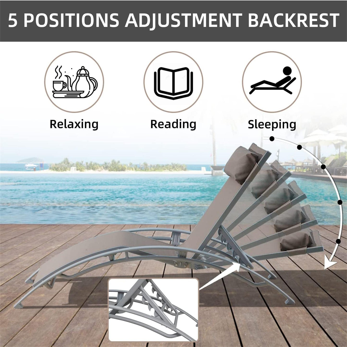 Patio Recliner Chairs with Adjustable Backrest and Removable Pillow for Indoor&Outdoor Beach Pool Sunbathing Lawn