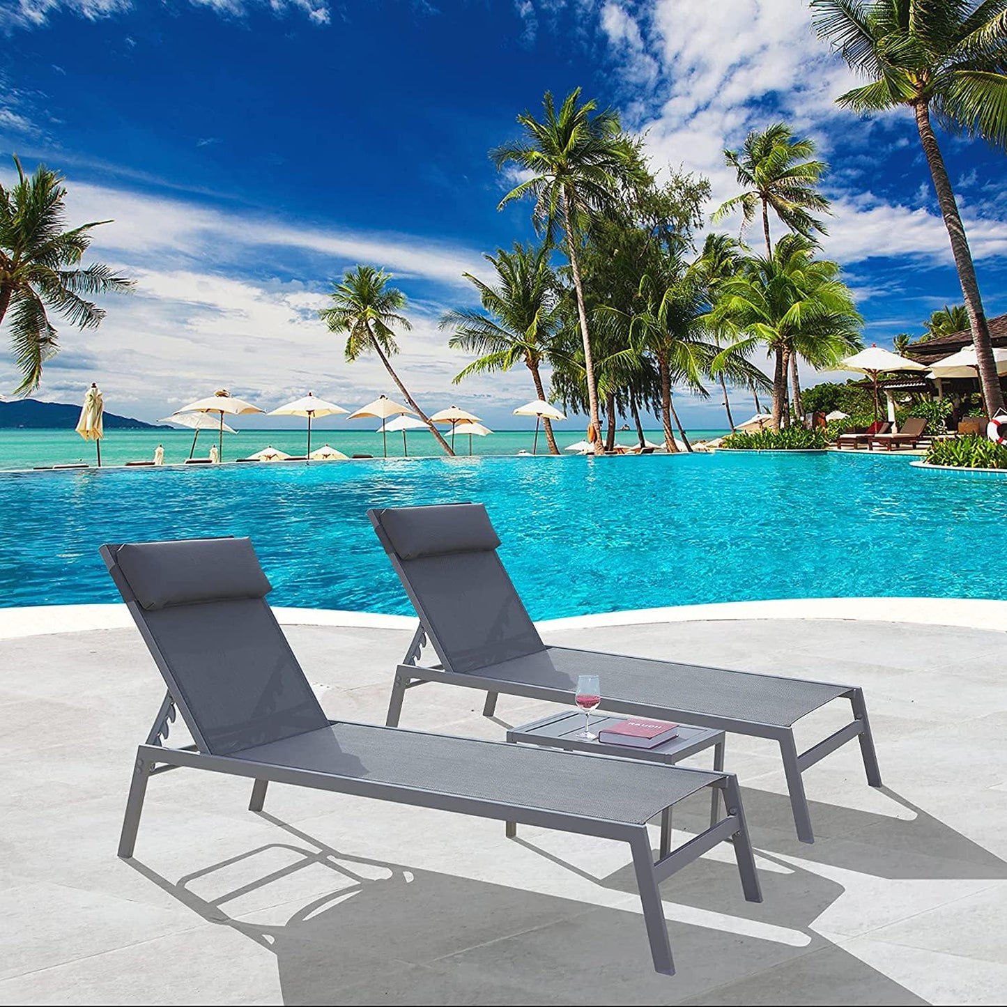 3 Pieces Aluminum Textilene Chaise Lounge Set with Side Table Outdoor,Adjustable Back