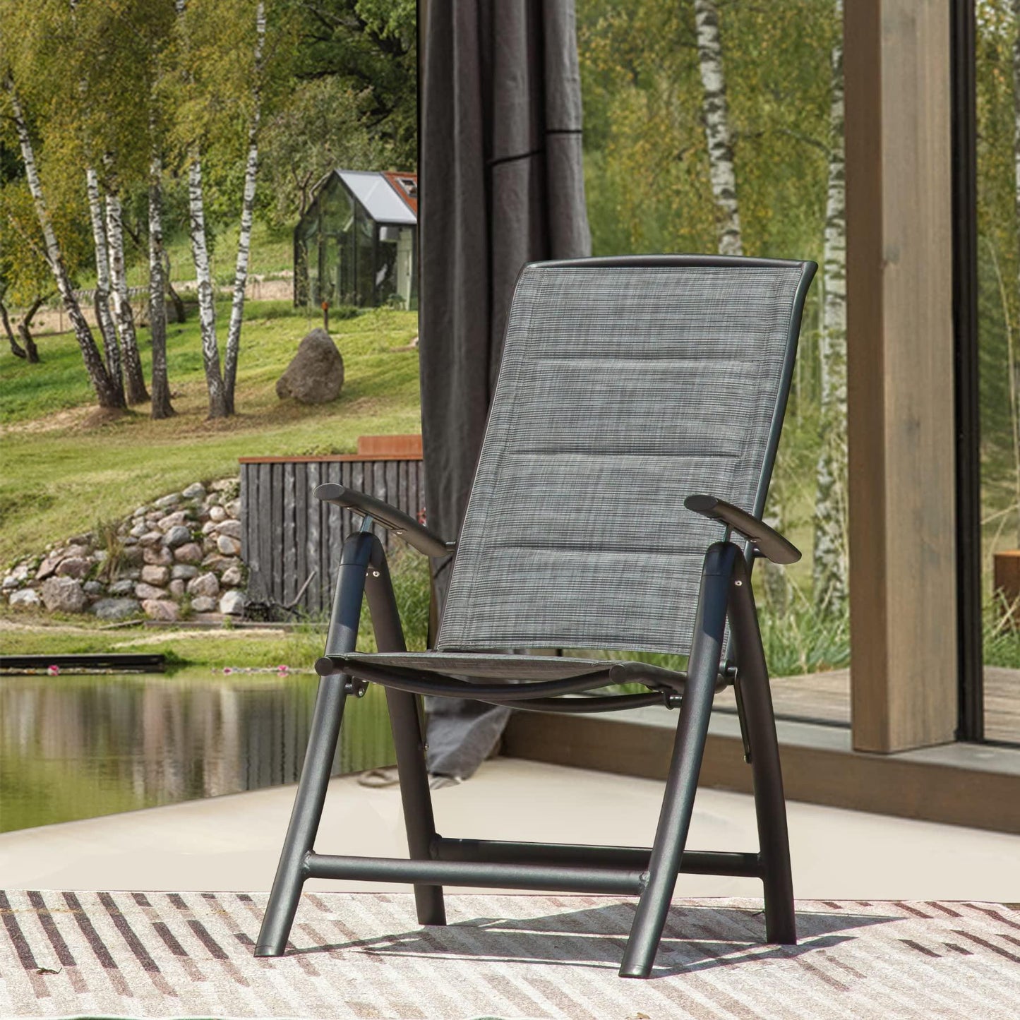 Folding Patio Chairs Set of 2, Aluminium Frame Reclining Sling Lawn Chairs with Adjustable High