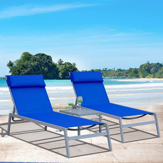 3 Pieces Aluminum Textilene Chaise Lounge Set with Side Table Outdoor,Adjustable Back