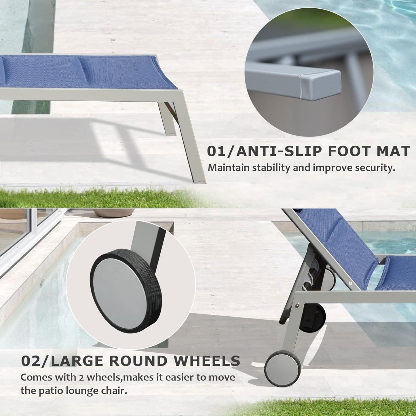 Aluminum Pool Lounge Chairs with Side Table and Wheels, Textilene Padded Adjustable Recliner All Weather for Poolside, Beach, Yard, Balcony