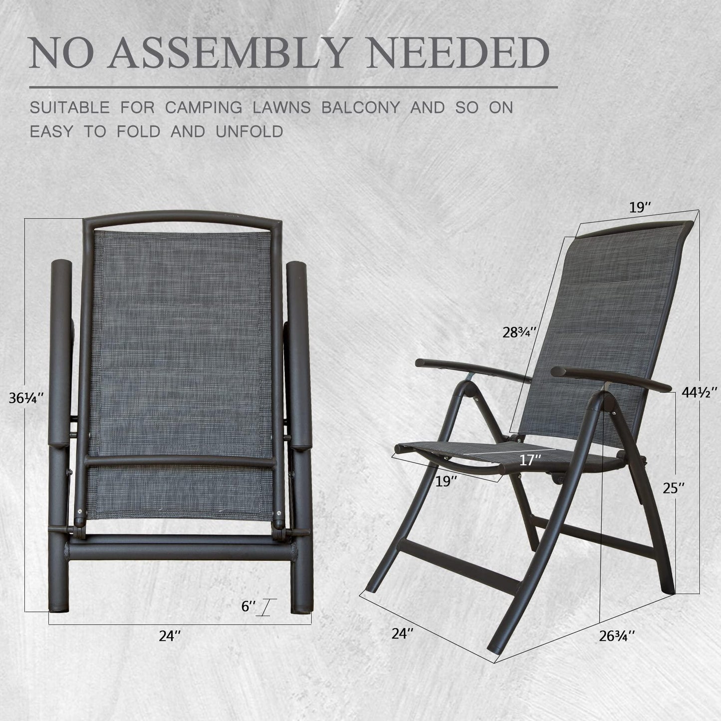 Folding Patio Chairs Set of 2, Aluminium Frame Reclining Sling Lawn Chairs with Adjustable High
