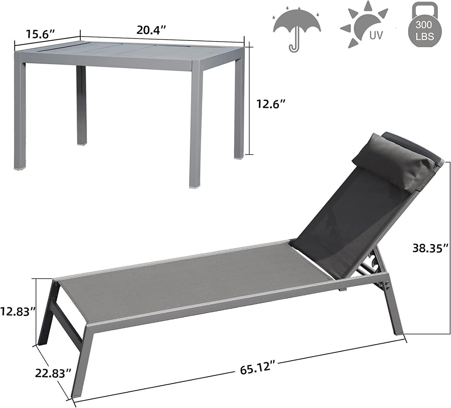 3 Pieces Aluminum Textilene Chaise Lounge Set with Side Table Outdoor,Adjustable Back