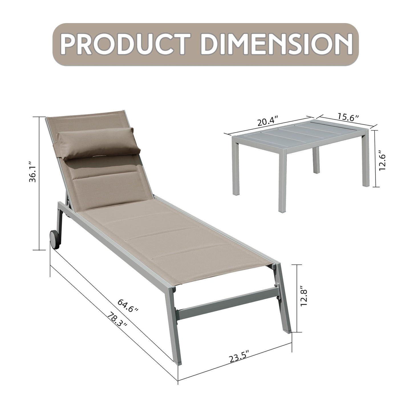 Aluminum Pool Lounge Chairs with Side Table and Wheels, Textilene Padded Adjustable Recliner All Weather for Poolside, Beach, Yard, Balcony