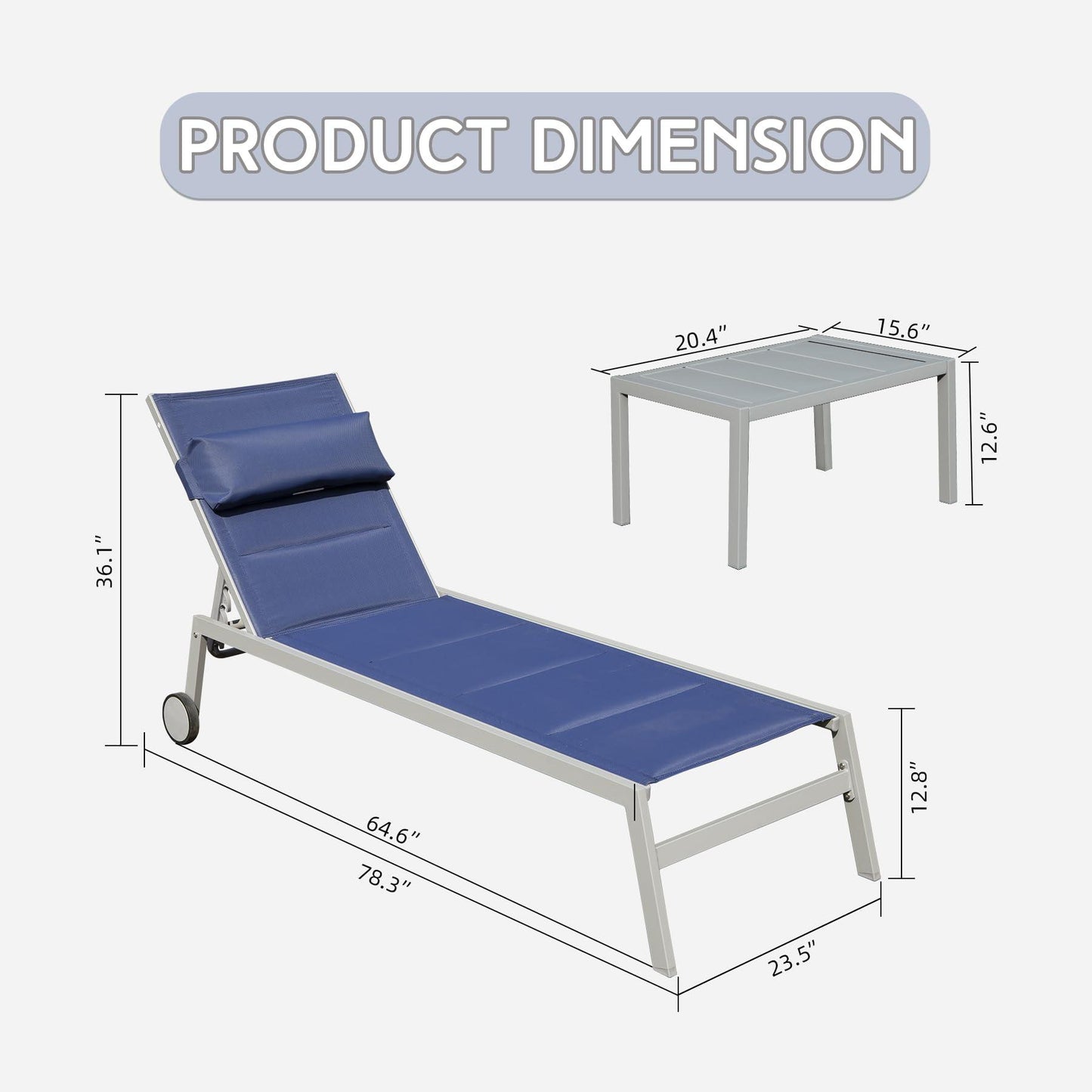 Aluminum Pool Lounge Chairs with Side Table and Wheels, Textilene Padded Adjustable Recliner All Weather for Poolside, Beach, Yard, Balcony