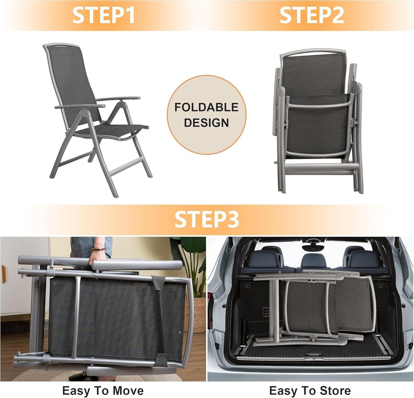 Patio Folding Chairs Set of 2, Aluminium Frame Outdoor Reclining Patio Chairs,Adjustable High Back Lawn Chairs