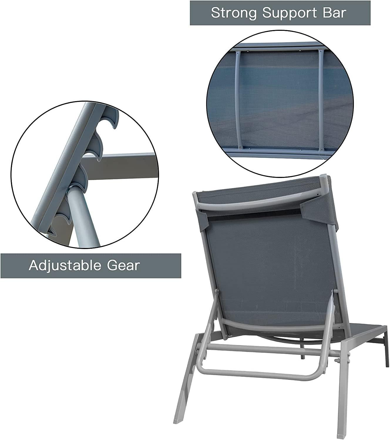 3 Pieces Aluminum Textilene Chaise Lounge Set with Side Table Outdoor,Adjustable Back