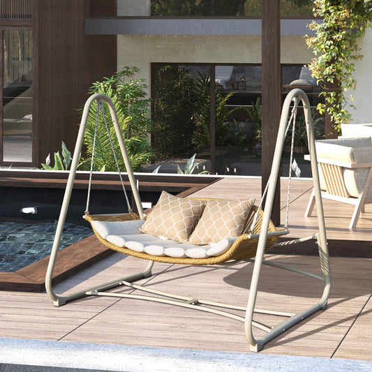 2-Seat Hanging Swing Chair with Thickened Cushions and Pillow, Rattan Porch Swing Chair Outdoor Hammock Chair for Porch, Backyard, Garden