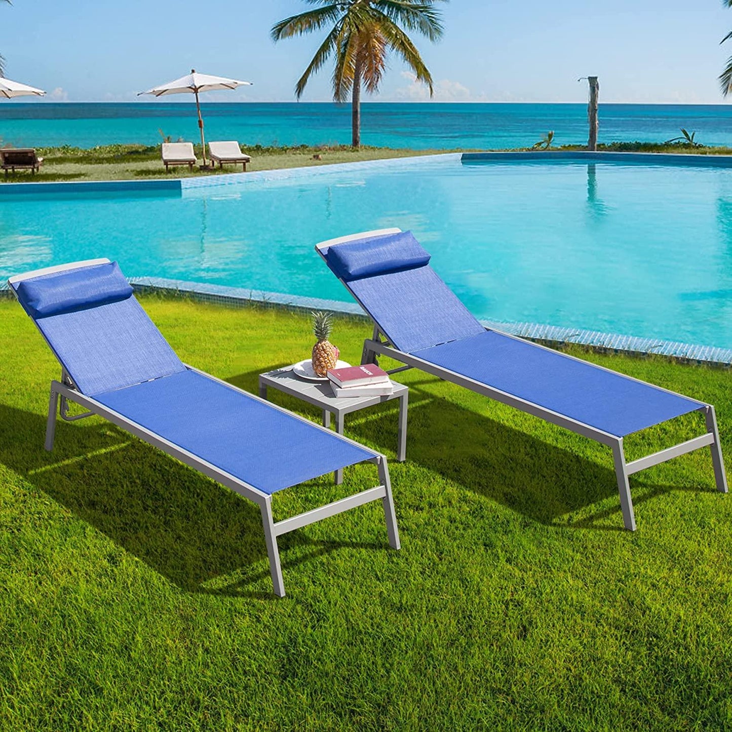 3 Pieces Aluminum Textilene Chaise Lounge Set with Side Table Outdoor,Adjustable Back
