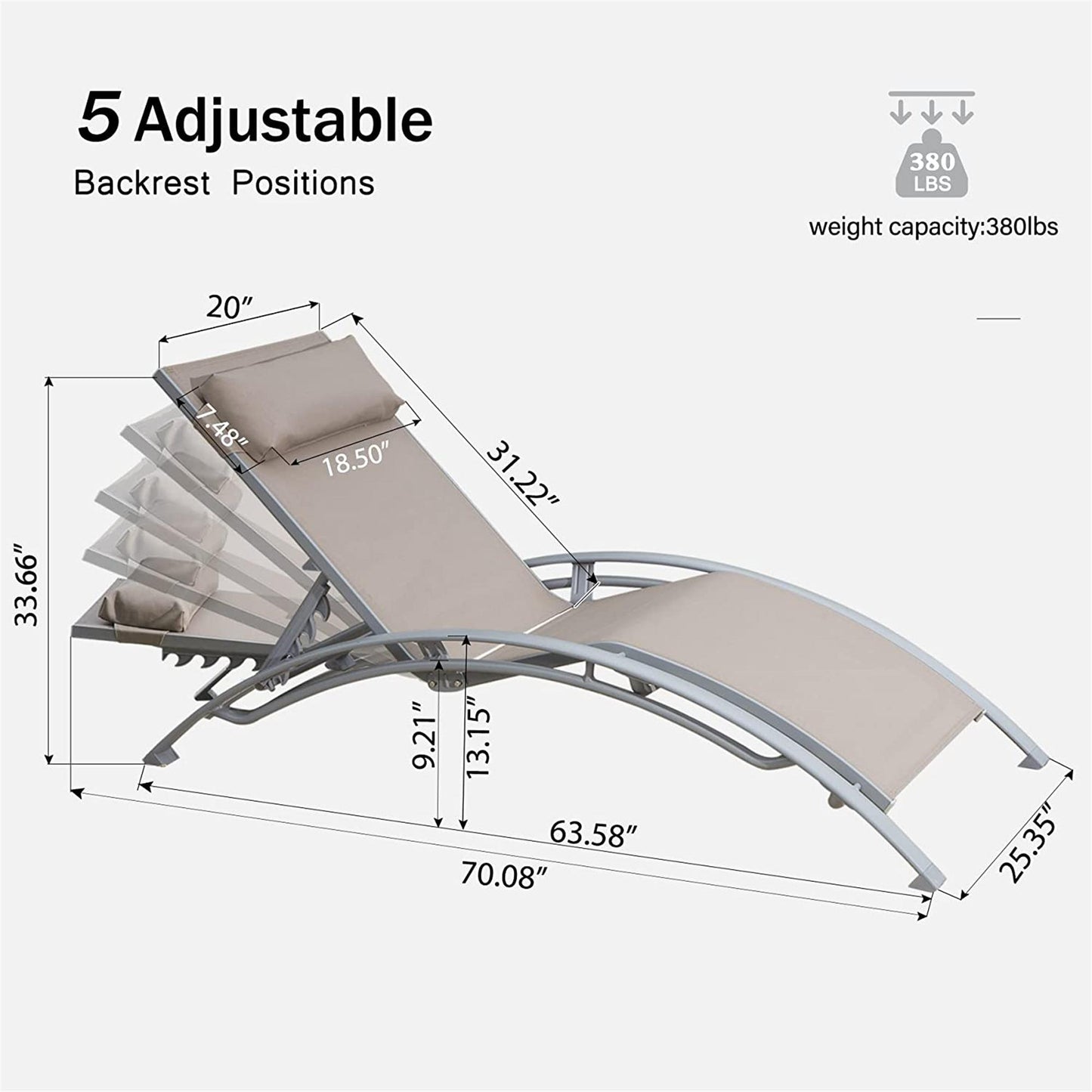 Patio Recliner Chairs with Adjustable Backrest and Removable Pillow for Indoor&Outdoor Beach Pool Sunbathing Lawn