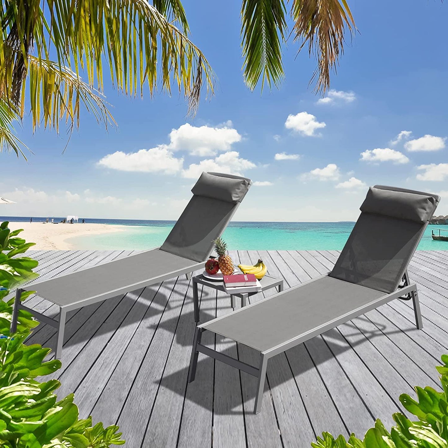 3 Pieces Aluminum Textilene Chaise Lounge Set with Side Table Outdoor,Adjustable Back