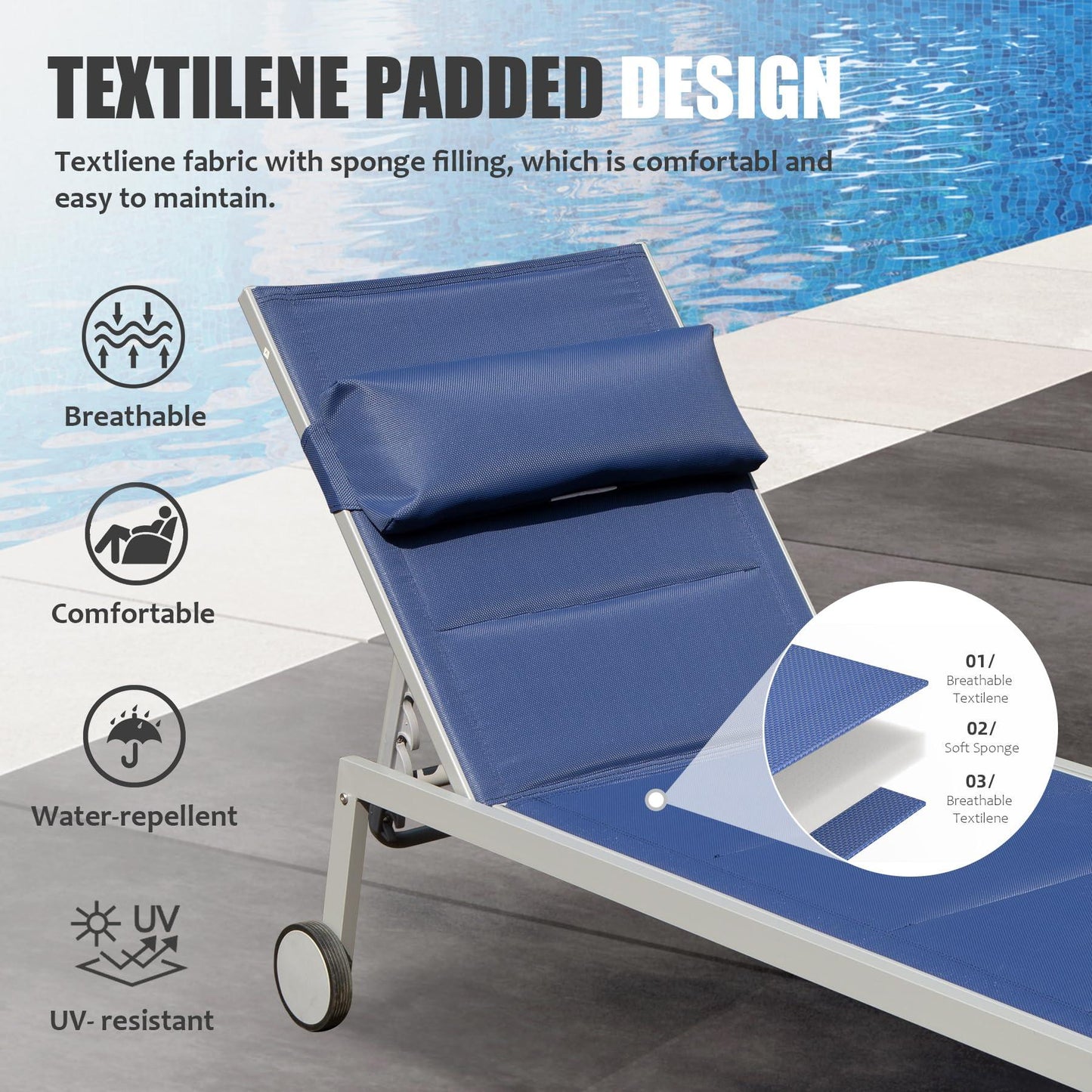 Aluminum Pool Lounge Chairs with Side Table and Wheels, Textilene Padded Adjustable Recliner All Weather for Poolside, Beach, Yard, Balcony