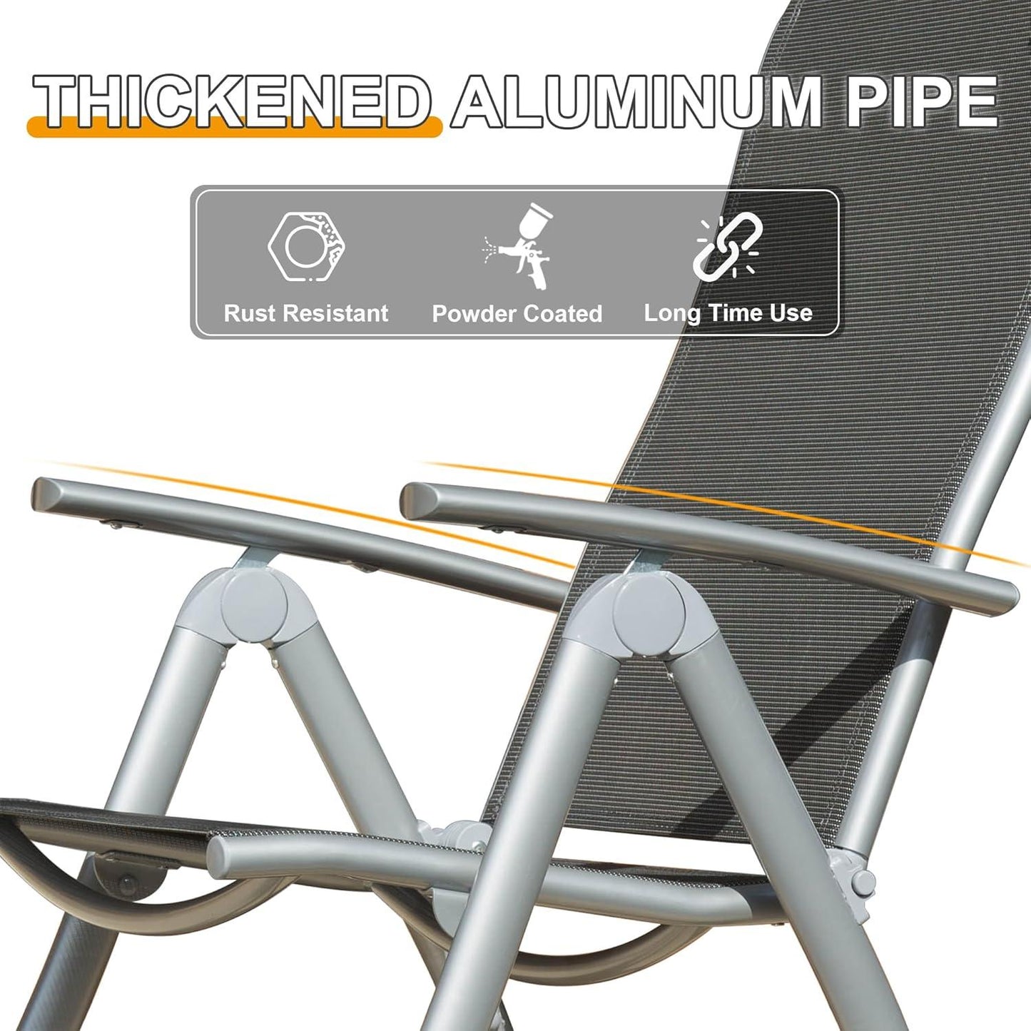 Patio Folding Chairs Set of 2, Aluminium Frame Outdoor Reclining Patio Chairs,Adjustable High Back Lawn Chairs