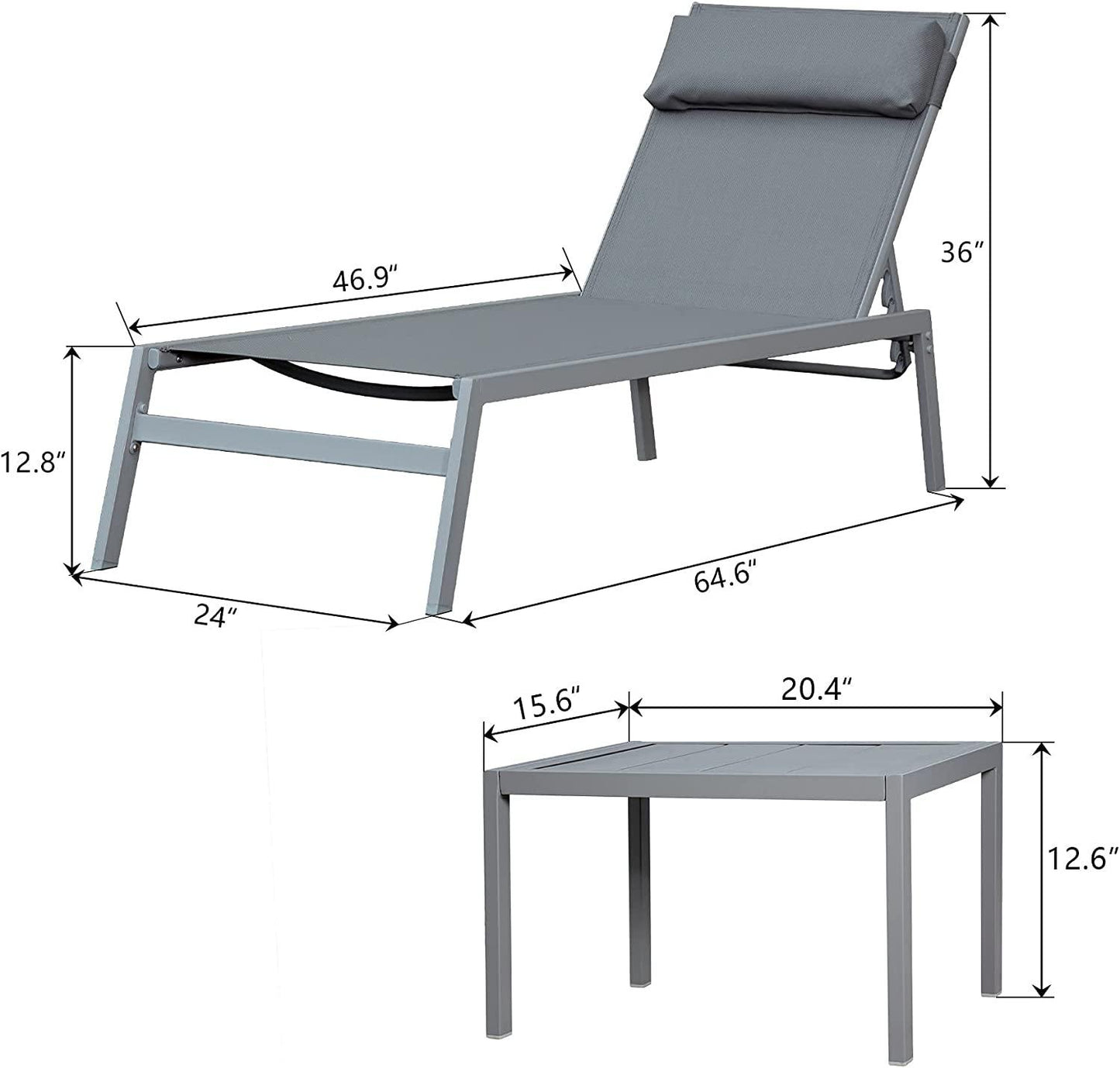 3 Pieces Aluminum Textilene Chaise Lounge Set with Side Table Outdoor,Adjustable Back
